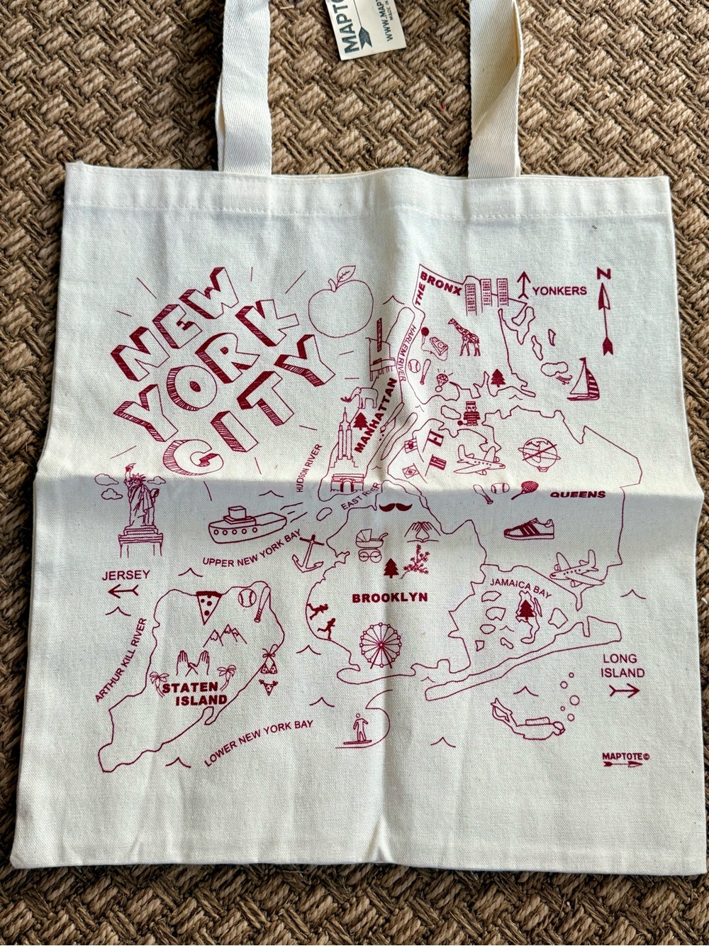 Maptote New York City Cotton Tote Bag - White with Maroon Print
